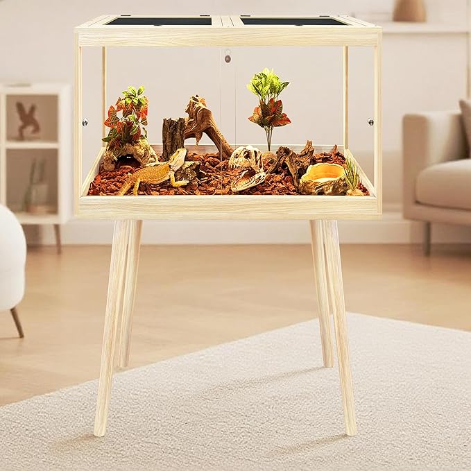 PROLEE Bearded Dragon Tank with Leg, 30 Gallon Tempered Glass Lizard Tank, Reptile Enclosure with Metal Mesh and Lockable Door, Reptile Tank for Snakes,Chameleon (Oak, 24x15.5x15.5 Inch)
