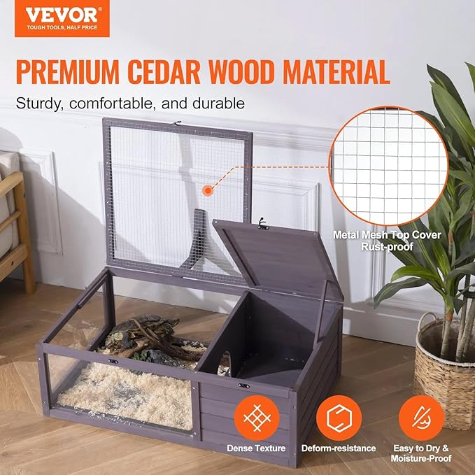 Turtle Habitat Enclosure, Large Wooden Tortoise House for Indoor and Outdoor Use, Reptile Enclosure with Openable Roof & Secure Locking System (Nature)