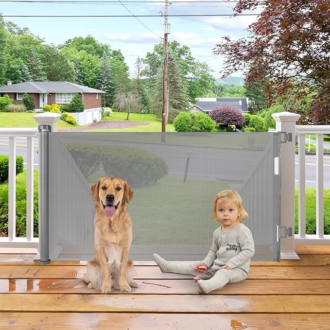 55 Inch Retractable Dog Gate Outdoor Scratch-Resistant Mesh Baby Gate for Stairs Retractable Baby Gates for Doorways Anti-Climb Outdoor Dog Gates for Decks Keep Kid/Pet away from Dangerous Place, Gray