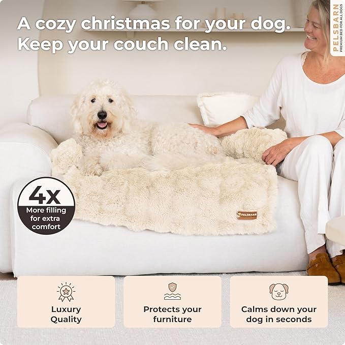 Pelsbarn Dog Bed for Couch, Luxurious Sofa Bed for Dogs with Non-Slip Oxford Bottom - Faux Rabbit Fur with Removable Cover, Large, Beige - 33x33 in