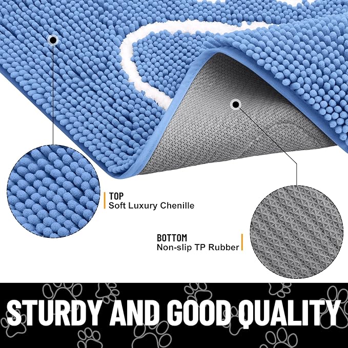 Smiry Dog Door Mat for Muddy Paws, Absorbent Dirt Trapper Non Slip Quick Dry Washable Chenille Mat for Mud Dogs, Entry Rug for Indoor and Outdoor (48x30 Inches, Cornflower Blue and White)
