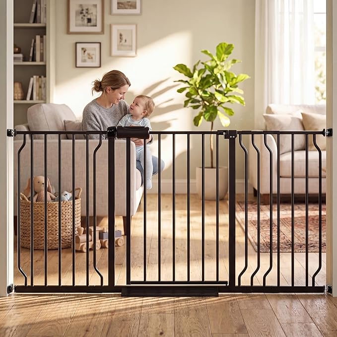 Extra Wide Baby Gate with Door, 52.76~62.2 Inch Wide Presure Mounted No Drill Metal Auto Close Child Gate for Stair Doorway - Indoor Outdoor Safty Gate for Toddler Dog Doggie, Black