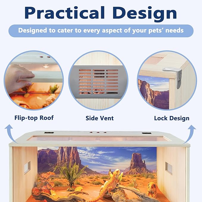 Prolee 63 Gallon Reptile Tank, Tempered Glass Bearded Dragon Tank with Wooden Roof and Lockable Doors, Large Lizard Habitat for with Built-in Lamp Fixture Snakes, Iguanas, Chameleons (Oak)