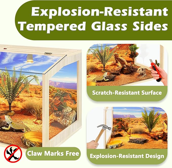 PROLEE Bearded Dragon Tank, Up to 81Gallon Reptile Enclosure, Tempered Glass Lizard Tank, Bearded Dragon Enclosure with Built-in Lamp Fixture for Chameleon (Skylight Roof, 30Gallons,24x15.5x15.5 Inch)