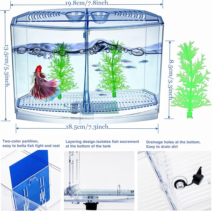 Mini Fish Tank with Divider, Small Beta Fish Tank Shrimp Tank Small Aquarium, 2/5 Gallon Double-Compartment Temporary Tank - Acrylic Aquarium Habitat for Crab Moss Seaweed Ball