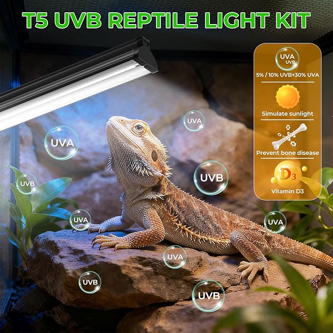 Lustaled 22inch 24W T5 UVB Reptile Light Combo Kit for Tropical & Desert Reptiles, Switchable UVB 5.0, UVB 10.0, Reptile Lamp Terrarium Hood UVB Light for Bearded Dragon, Lizards, Chameleon, Turtle