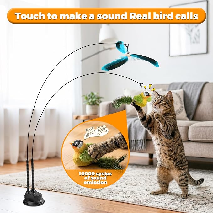 Interactive Suction Cup Cat Teaser Wand, Cat Toy with Simulated Bird & Spinning Feather Attachments, Strong Suction Base & Long Steel Wire for Kitten Self-Entertainment (Detachable) - Image 4