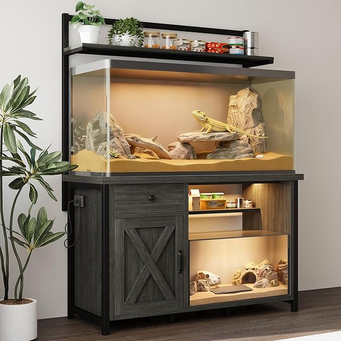 Reptile Tank Stand with Power Outlet, Terrarium Stand with Storage Cabinet, 49" X 20" Tabletop, Aquarium Stand with LED Lights, Reptile Terrarium,Turtle Tank (Gray)