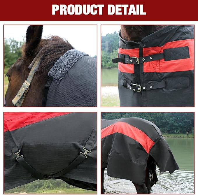 Horse Blankets Winter for Real Horses, 1600D Waterproof Poly Rain Sheets 81 in with Neck Cover Belly Wrap Tail Wrap Turnout Blanket, Stuff Care Medium Large Weight Heavy Outdoor Clothes Red Black