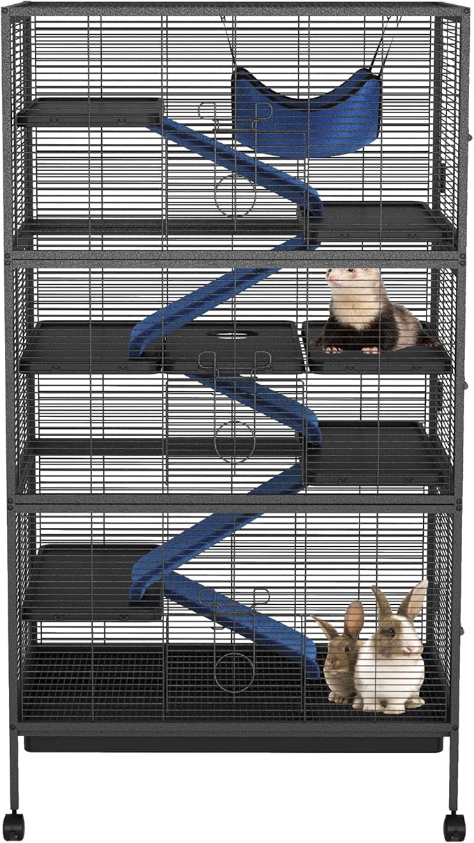 50" Large Ferret Cage, Small Animal Habitat with 5 Ramps, Hammock & Wheels, Spacious Multi-Level Design for Chinchillas, Rabbits, Sugar Gliders