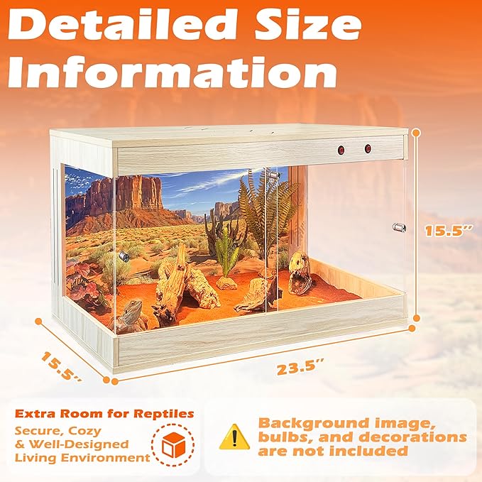 ROYXEN Reptile Tank, 30 Gallons Reptile Enclosure with Lockable Design, Tempered Glass Bearded Dragon Tank for Lizard Habitat, Soild Wood Built-in Sockets (Oak, 23.5"x15.5"x15.5")