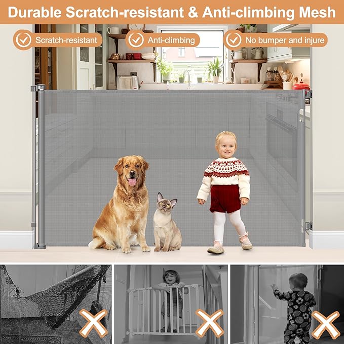 4ft Extra Tall Retractable Baby Gates for Doorways 48 Inch Tall Retractable Dog Gate Indoor 85" Wide Child Gate for Stairs High Mesh Puppy Gates for the House Prevent Kids/Pets from Jumping Over, Gray