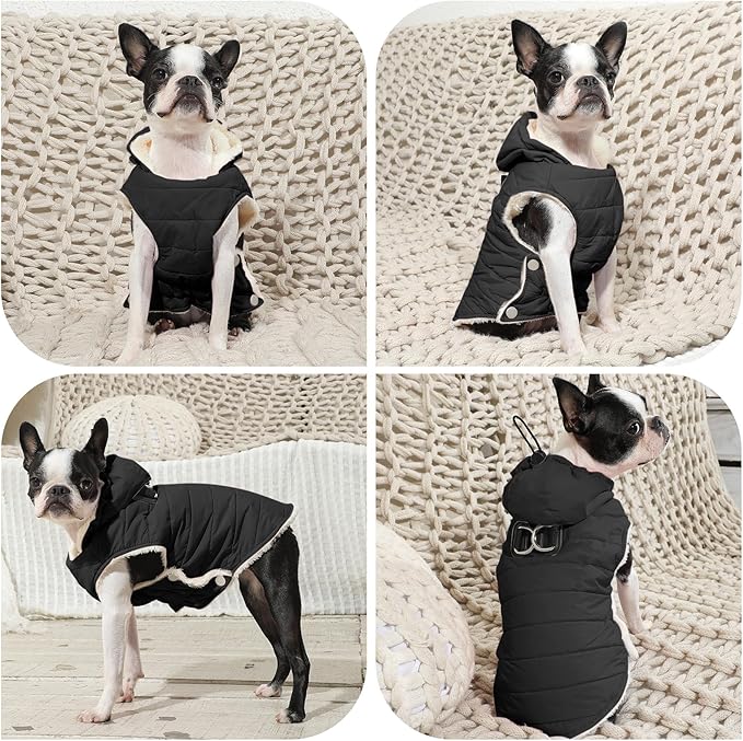 Vecomfy Fleece Lining Dog Hoodie with Harness Built in,Extra Warm Small Dog Jacket in Winter Puppy Coats with Drawstring Hooded,Black XS