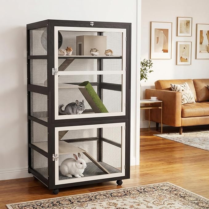 5-Tiers Small Animal Critter Cage Large Ferret Cage 55''H Chinchilla Cage with Easy-Clean Removable Tray, Hamster Wheel, Tunnel, House, Ramp & Cover, Lockable Wheels, for Indoor & Outdoor