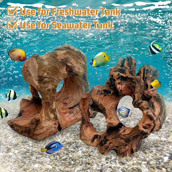 PINVNBY 2 PCS Betta Fish Hideout Natural Wood Aquarium Cave Driftwood Aquascaping Fish Tank Decorations for Shrimp Crayfish and Other Small Aquatic Pets