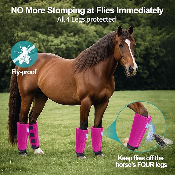 Mesh Horse Fly Boots Set of 4, Loose Fitting Leggings for Horses, Reduce Stressful Stomping, Breathable Adjustable and Universal Fit for 4 Legs, Reliable Stay Put (Pink)