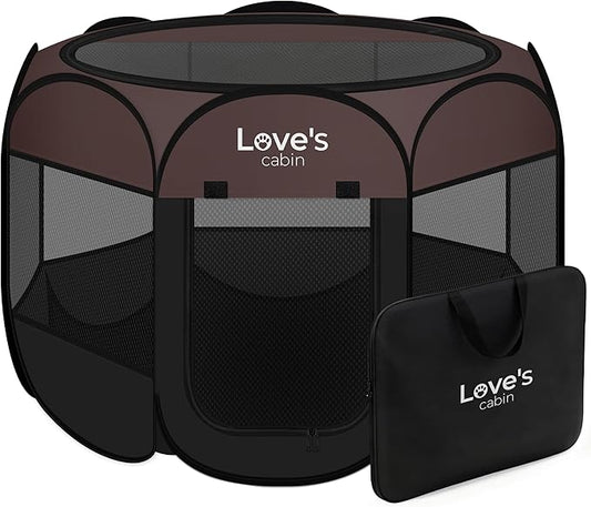 Love's cabin Pet Puppy Dog Playpen, Medium Dog Tent Crates Cage Indoor/Outdoor, Portable Playpen for Cat, Foldable Pop Up Dog Kennel Playpen with Carring Case, Removable Zipper Top, Brown