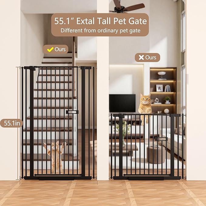 Extra Tall Cat Gate 55.1" for Doorways, 30.1-33.8" Wide High Pressure Mounted Baby Dog Pet Gate for Stairs, 1.37" Gap No Drilling Auto Close for Hallways/Kitchen, Black