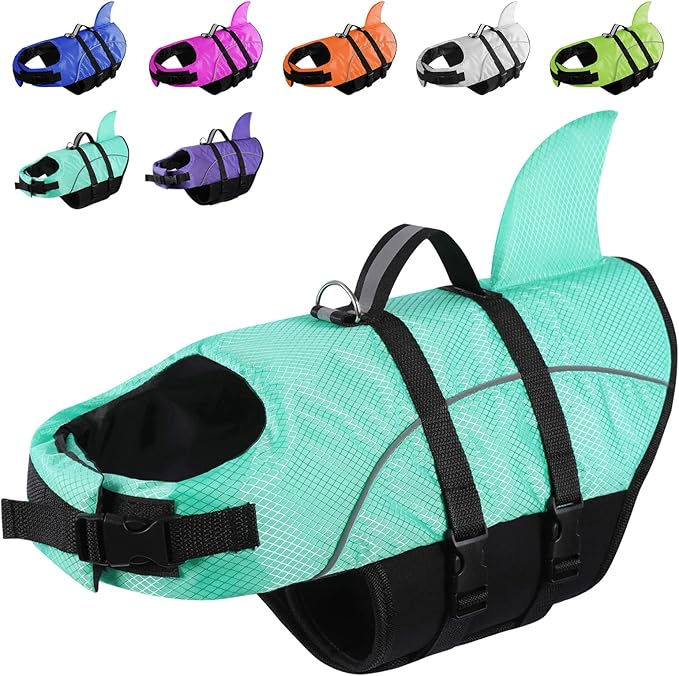 Queenmore Small Dog Shark Life Jacket,Dog Life Vest for Swimming Boating Kayaking,High Buoyancy Puppy Dog Life Preserver,Reflective Light Dog Lifesaver with Strong Rescue Handle (Light Blue,S)