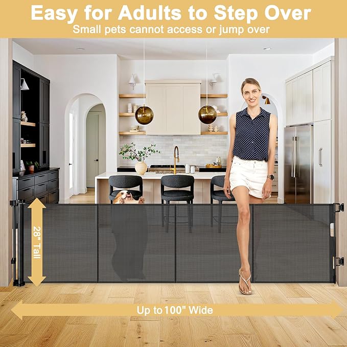 Reinforced 28" Tall x 100" Wide Retractable Baby Gates Extra Wide Dog Gate - Easy Step Over, Long Baby Gate Retractable Dog Gate Indoor Safety Gates Outdoor Gates for Decks with Support Rods, Black