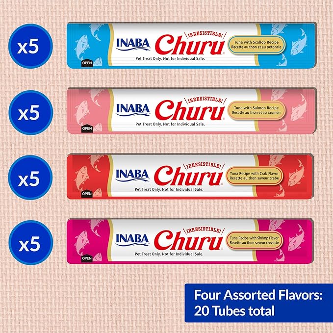 INABA Churu Cat Treats, Lickable, Squeezable Creamy Pur??e Cat Treat with Green Tea Extract & Taurine, 0.5 Ounces Each Tube, 20 Tubes, Tuna & Seafood Variety Box - Image 6