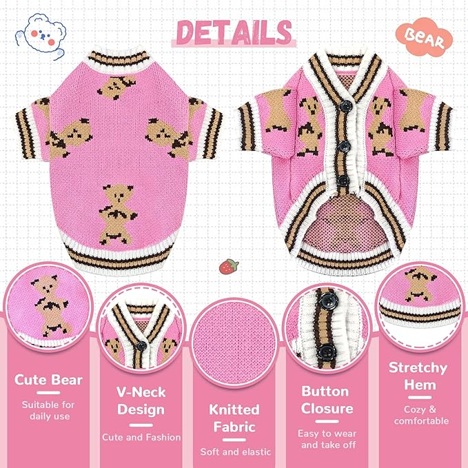 ABRRLO Small Dog Sweaters Cute Bear Dog Cardigans Clothes for Small Medium Dogs Boy Girl Puppy Cat Knitting Cardigan Outfits Dogs Winter Coats Warm Pet Doggy Clothes Soft Knitwear (Pink, X-Large)