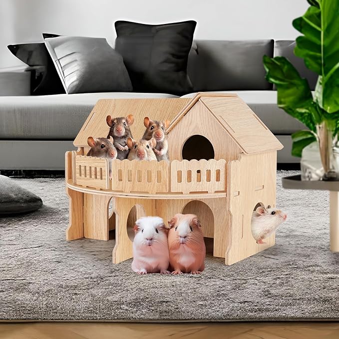 Wooden Hamster Cage, Hamster Habitat for Syrian, Dwarf Gerbils, Mice, Lemmings, Degus or Other Small Pets (13.3 x 11.1 x 10.6 inches)