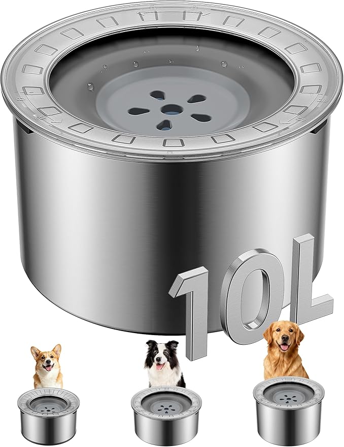 Heouvo 2.6 Gallon Large Dog Water Bowl No Spill,【Anti Digging Lid & Rubber Bottom】 Spill Proof Dog Bowl, Anti Splash Mess Dripless Slow Drinking Stainless Steel Water for Sloppy Messy Drinkers Car