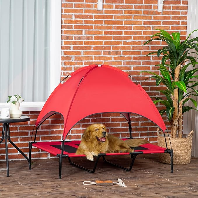 PawHut Elevated Dog Bed with Removable Canopy, Outdoor Dog Cot with UV Protection Canopy Shade, 48 inch Large Pet Bed for Camping, Red