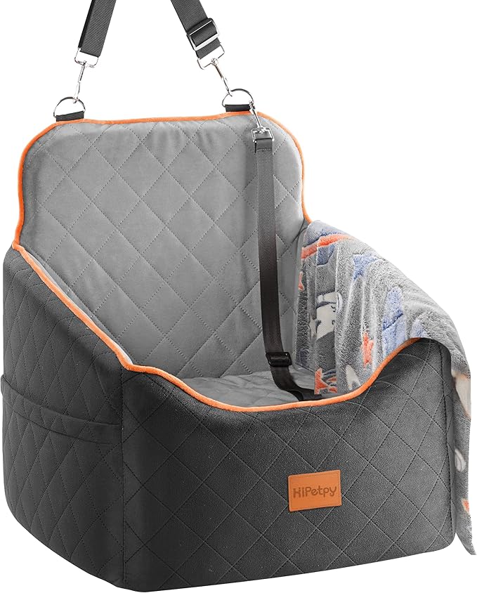 HiPetpy Dog Car Seat for Small Dog, Booster Seat for Dogs Under 30lb, Elevated Pet Seat with Pockets, Anti-Slip Bed for Car, Perfect for Front & Back Seats with Safety Leash (Black/Grey, Medium)