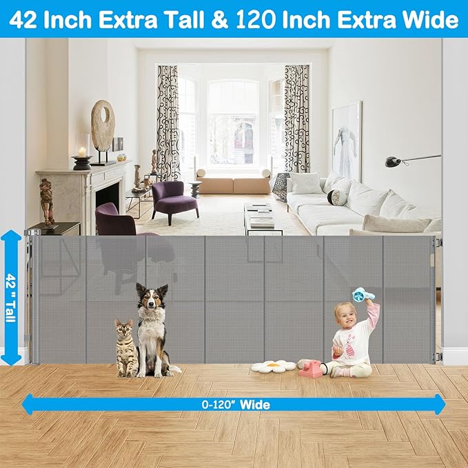 Reinforced 42" Extra Tall X 120" Extra Wide Retractable Dog Gate for Doorways Wide Pet Gate Indoor Prevent Kid/Pet Jumping Over Tall Retractable Baby Gates for Dogs Outdoor Dog Gates for Doorways,Gray
