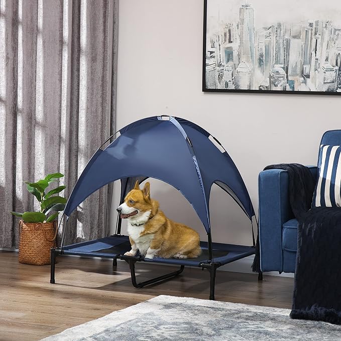 PawHut Elevated Dog Bed with Removable Canopy, Outdoor Dog Cot with UV Protection Canopy Shade, 36 inch Large Pet Bed for Camping, Dark Blue