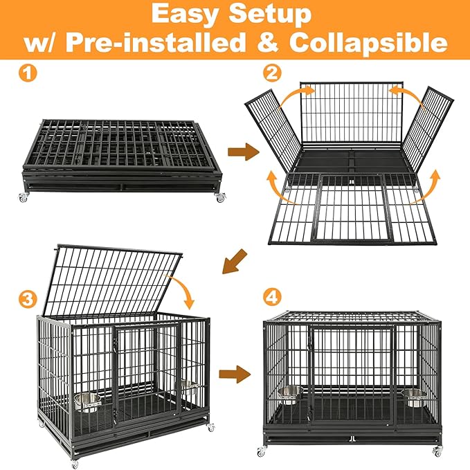 Homey Pet 48 Inch Heavy Duty Indestructible Dog Crate, Stackable Escape Proof Dog Cage Kennel Indoor with Two Trays, Metal Grids, Wheels, Bowls, Double Doors for High Anxiety Large Dogs(2 Tiers)
