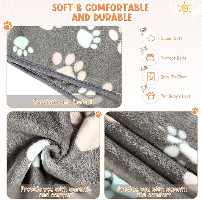Tatuo 4 Pcs Dog Blanket for Pet Cat Blankets Indoor Puppy Teething Stuff Toys Paw Print Fleece Blanket Warm Sleep Mat for Guinea Pig Cage(Dark Gray,X-Large(41 x 30 Inch),Square)