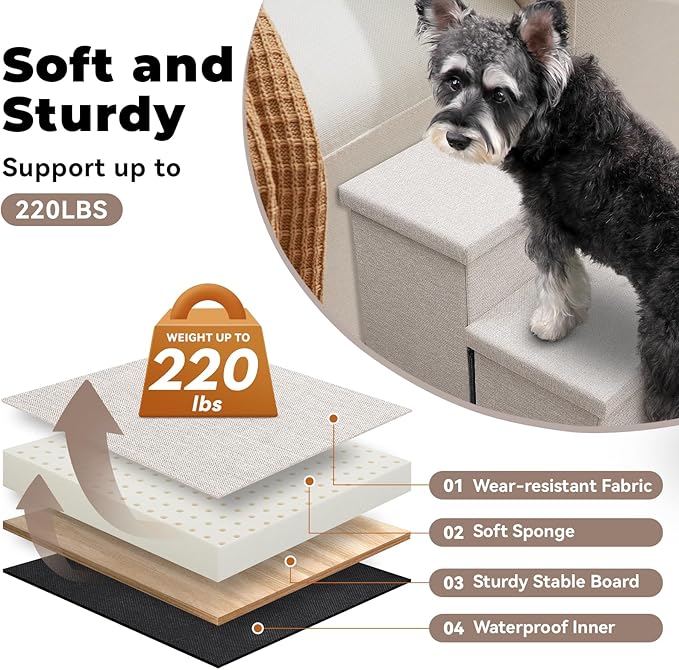Zerbuger Dog Stairs with Storage 23" H, 4-Step Wider Dog Steps for High Beds Window, Folding Sturdy Pet Stairs Gift for Small/Medium/Large Old Dogs Cat, Ramp for Climbing Car Up to 200 lbs, Beige
