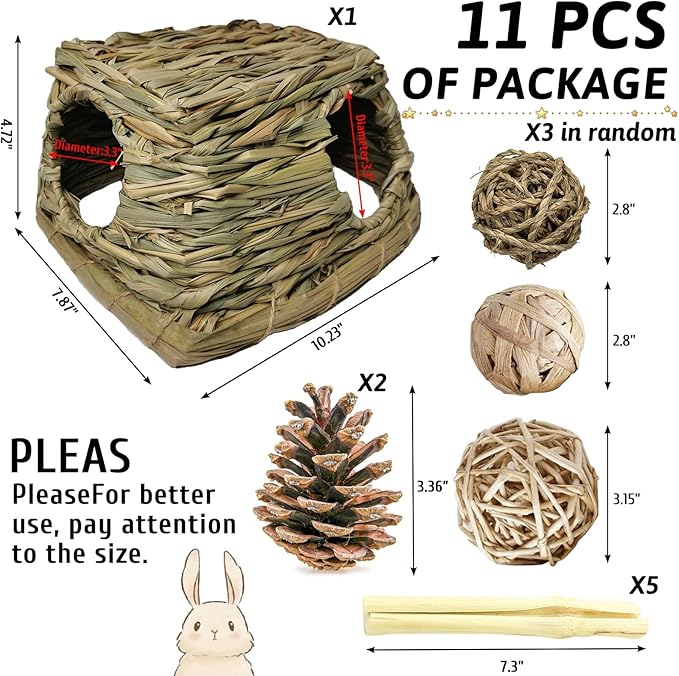 PINVNBY Guinea Pig Grass House Bunny Hay Hideout Tunnel Small Pet Straw Hut with Chew Toys for Bunny Hamster Rat Chinchilla Hedgehog Gerbil (Ball at Random)