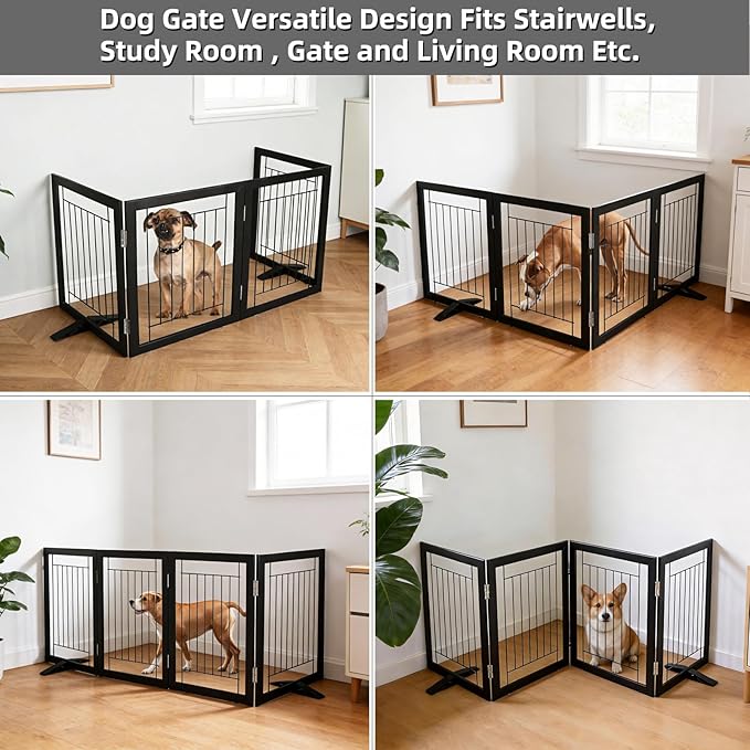 ZJSF Freestanding Dog Gate Indoor, Foldable Dog Fence for Doorways,Hallways or Stairs, Sturdy Wood Extra Wide Pet Gate with Support Feet,Black,32 "Height-4 Panels