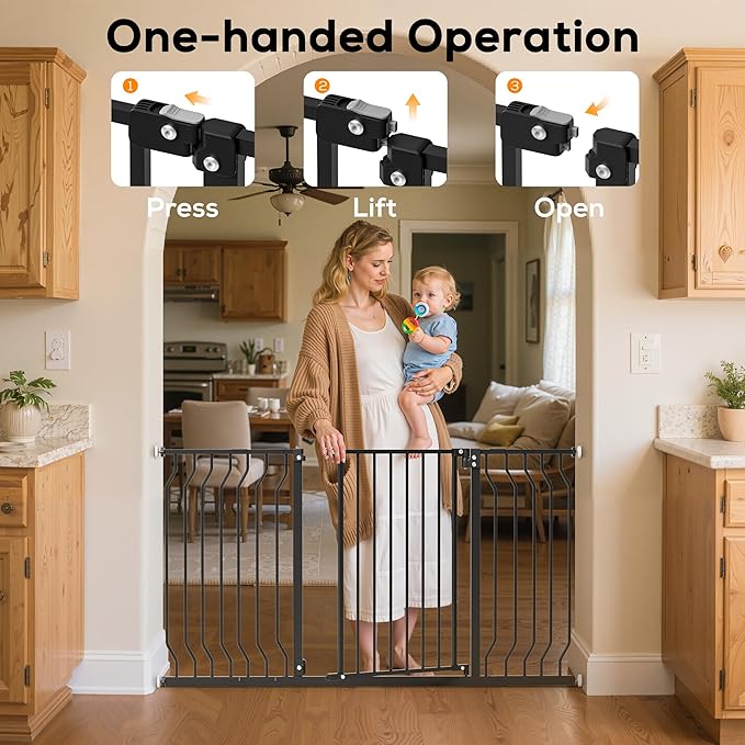 29-48" Baby Gate for Stairs, Baby Safety Essentials, Auto Close Gate for Doorways, Easy Install Pressure Mounted Dog Gate Indoor, Pet Gates for Dogs, Black