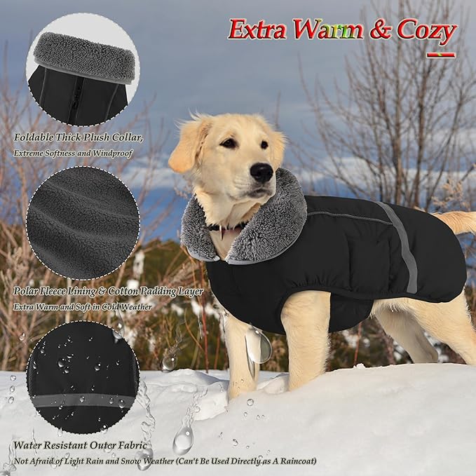 Dogcheer Warm Dog Coat, Waterproof Dog Jacket Christmas Puppy Winter Coat with Buckle, Reflective Adjustable Pet Snow Jacket Turtleneck Fleece Sweater for Small Medium Large Dogs - Black, 3XL