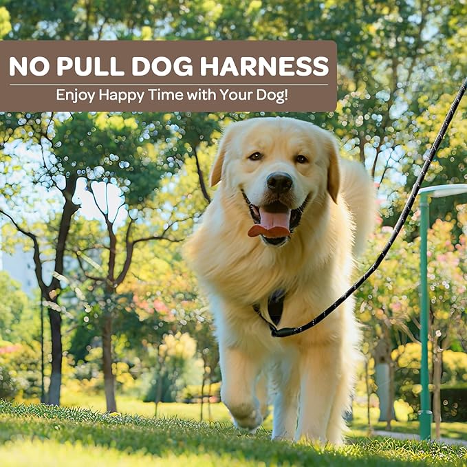 FURRYFECTION Plaid Dog Harness for Large Dogs, Reflective No Pull Adjustable Pet Vest with Front Clip, Leash, Easy Control Handle and Seat Belt, Dark Brown, L