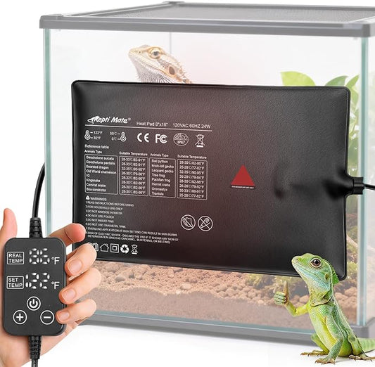 Reptile Heating Pad with Internal Sensor&Thermostat, 8" x 18" 24W Under Tank Heater Mat for 10-40 Gallon Tanks, IP67 Waterproof Safe Heat for Turtles, Bearded Dragons, Snakes, Lizards and Seedling
