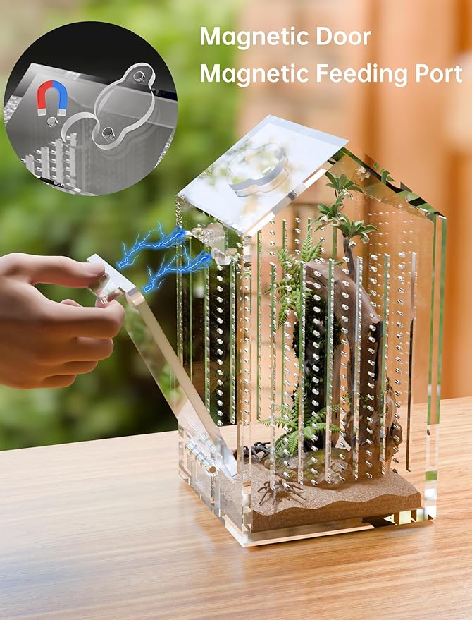 NiHome Clear Acrylic Jumping Spider Enclosure, Tarantula Terrarium, Acrylic Praying Mantis Enclosure, Magnetic Front Opening Door & Feeding Port, Escape-Proof Reptile Habitat,1.5mm Ventilation Holes