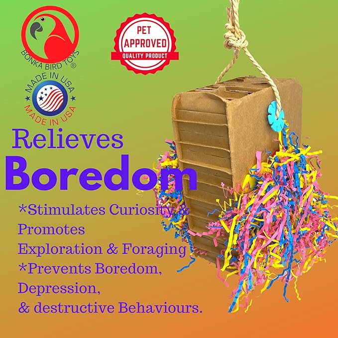 Bonka Bird Toys 3806 Large Harry Box 14" x 4", Large Parrot Chew Forage Shred Cage Toy, Amazon, African Grey, Eclectus, and Similar