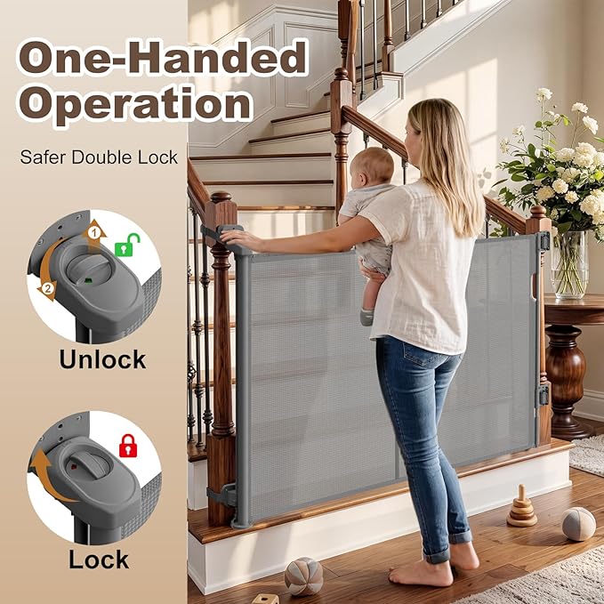 Upgraded Retractable Baby Gates for Stairs & Banister, Mesh Dog Gate Indoor, Extends to 55" Wide 33" Tall, Child Safety Gate for Stairway, Banister & Wall Mount (Gray)