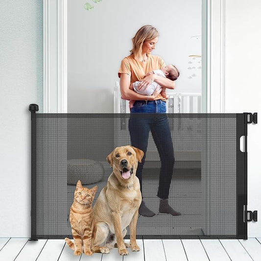 Upgraded Retractable Baby Gate for Stairs, 33"Tall Expands 55"Wide Ideal Safety Solution Dog Gate for Stairs Doorways Hallways Indoor/Outdoor Mesh Baby Gate Retractable Screen Door(Black, 86CMx140CM)