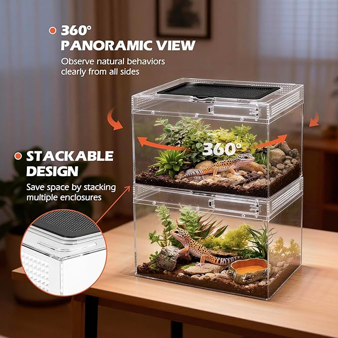 AZV Reptile Terrarium Starter Kit,8 Piece Small Reptile Tank with Escape-Proof Locks,Mesh Top,Multi-Vent Compatible Habitat,Durable Clear PC,Easy-Clean Waterproof Base for Geckos,Frogs,Spiders Small