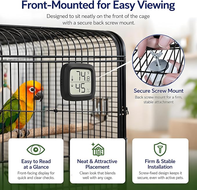 Bird Cage Thermometer,Parrot Cage Hygrometer,Pet Cage Temp Humidity Gauge,Easily Mounts on Cage,Clear Temp & Humidity,°F/°C Switch,for Bird,Hamsters,Rabbits,Guinea Pigs,and Other Pet Cages (Black)