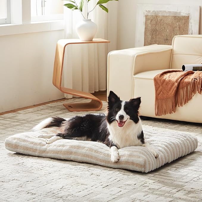 FURTIME Washable Dog Bed Large Sized Dogs, Deluxe Dog Crate Beds Comfy Fluffy Kennel Pad Anti-Slip Pet Sleeping Mat, Machine Washable Dogs Pillow, 35"x23"x3.5", White