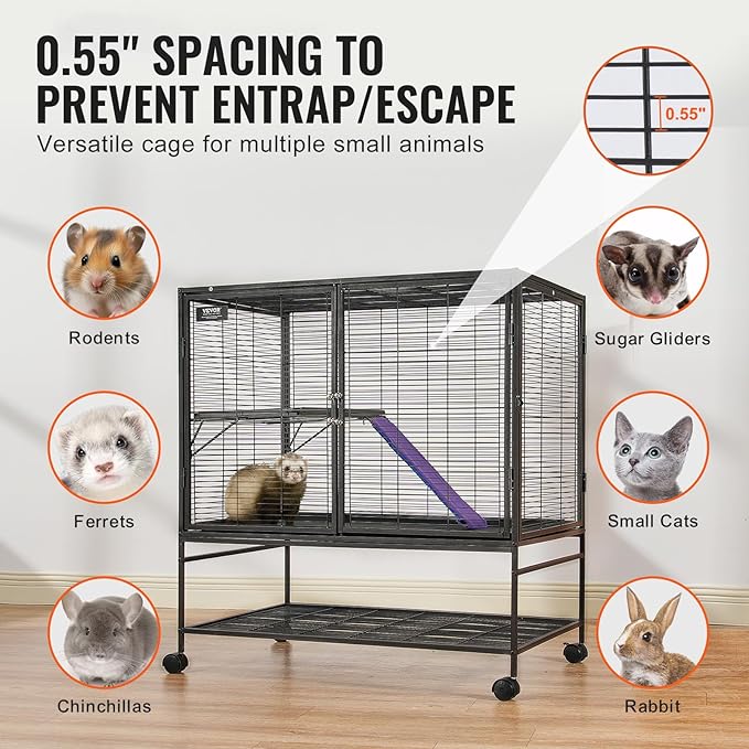 VEVOR 39" Rolling Metal Ferret Cage, Large 2-Tier Cage, Small Animal Cage with Ramps & Tray, Easy to Set up for Pet Mice, Hamster, Guinea Pig, Chinchilla, Squirrel, Hedgehogs, Bunny