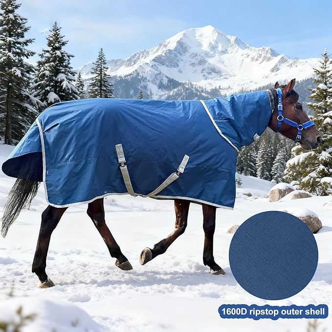 1600D Winter Horse Turnout Blanket Medium Weight Horse Blankets with Neck Cover Leg Straps (220g Fill) (80 in)